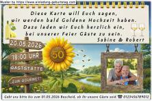 Einladung Goldene Hochzeit Foto in einem rustikalen Holzrahmen neben einer Sonnenblume