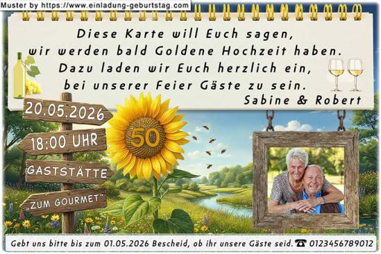 Einladung Goldene Hochzeit Foto in einem rustikalen Holzrahmen neben einer Sonnenblume