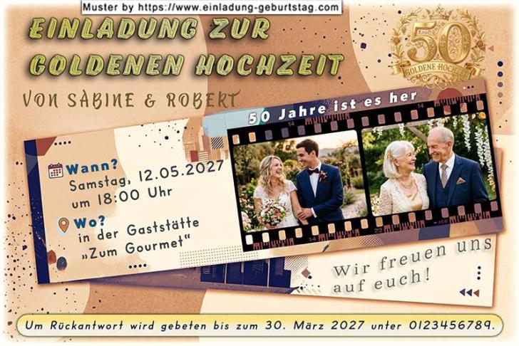 Einladung Goldene Hochzeit Foto in einem rustikalen Holzrahmen neben einer Sonnenblume
