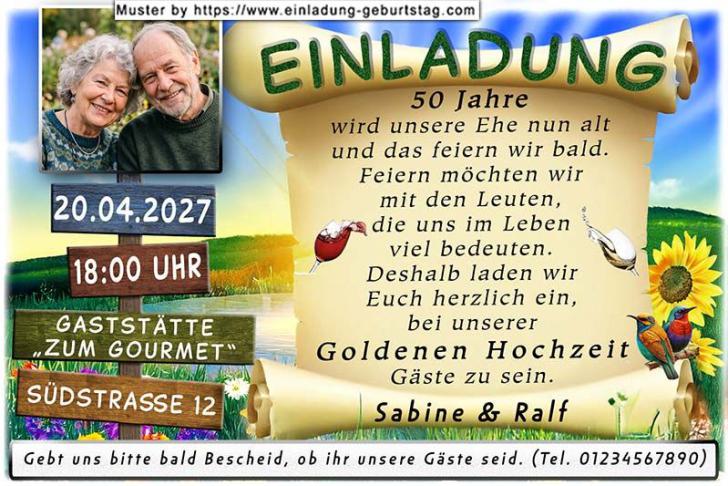 Einladung Goldene Hochzeit Foto über einer Sonnenblume mit der Zahl 50