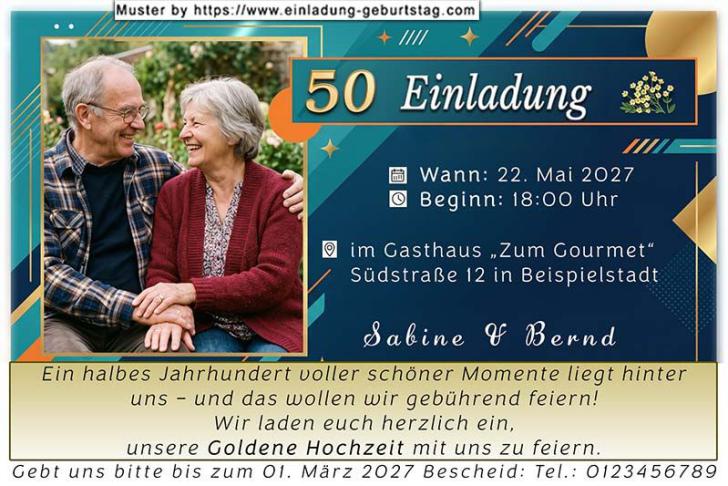 Einladung Goldene Hochzeit Foto umrahmt von Ästen