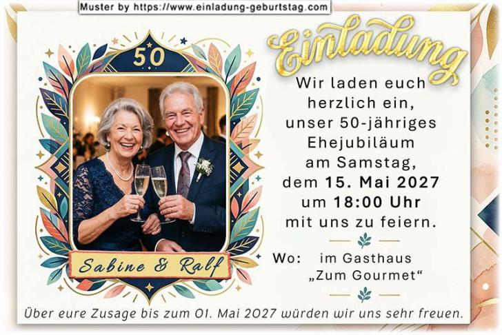 Einladung Goldene Hochzeit 2 Fotos auf Spielkarten in einer Hand 