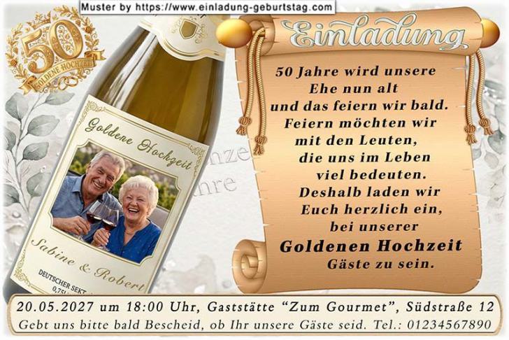 Einladung Goldene Hochzeit Foto rund ausgeschnitten auf einer Goldpapierrolle