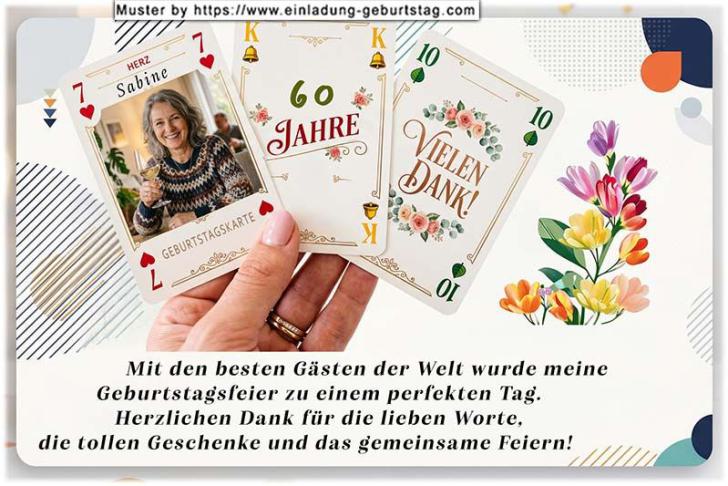 Die Danksagungskarte zum Geburtstag mit Ihrem Foto auf einer von 3 Spielkarten in der Hand.