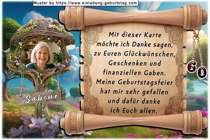 Die Dankeskarte zum Geburtstag mit Ihrem Foto in einem originellen Bilderrahmen von Ästen umgeben neben einer rustikalen Textrolle.
