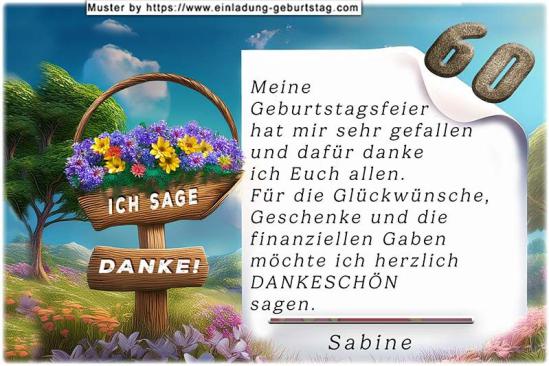 Die Dankeskarte zum Geburtstag mit dem Blumenkorb auf dem – Ich sagen Danke – steht. Im Hintergrund befindet sich ein Naturbild im Gemäldestil.