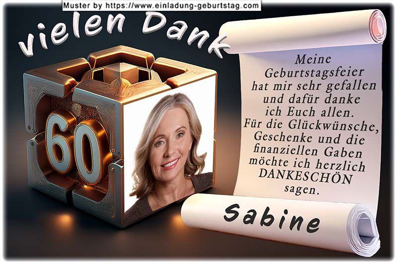 Die Dankeskarte zum Geburtstag mit Ihrem Foto und Ihrem Alter als Seiten eines originellen Würfels. Ihr Text wird in eine Schriftrolle eingesetzt.