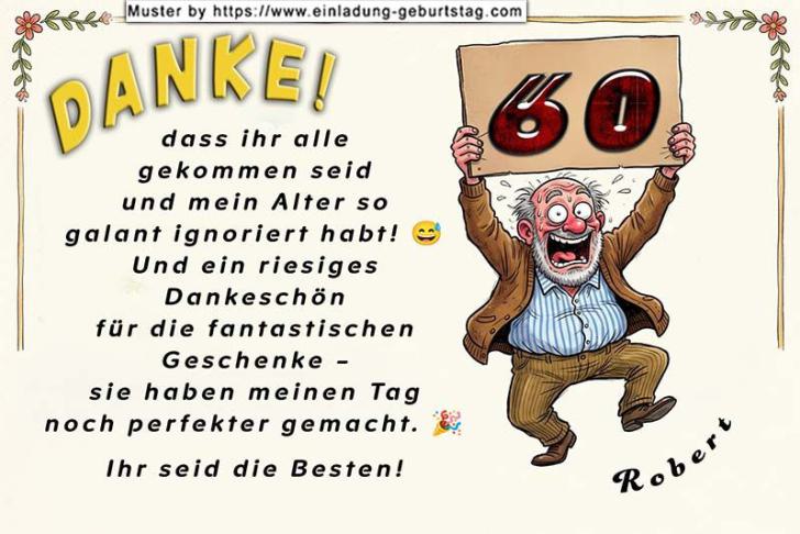 Die lustige Danksagungskarte zum Geburtstag mit dem freudestrahlenden Mann, der eine Tafel mit seinem Alter hoch hält.