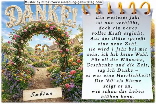 Die Dankeskarte zum Geburtstag mit dem Rosenbogen, durch den man eine besondere Blume sehen kann. Diese hat die Form Ihres Alters.
