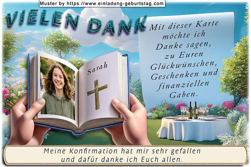 Die Dankeskarte zur Konfirmation mit deinem Foto als Seite eines aufgeschlagenen Buches - gehalten von 2 Händen.