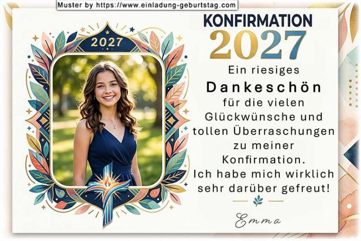 die Danksagungskarte zur Konfirmation mit deinem Foto in einem modernen Rahmen mit Jahreszahl und Kreuz