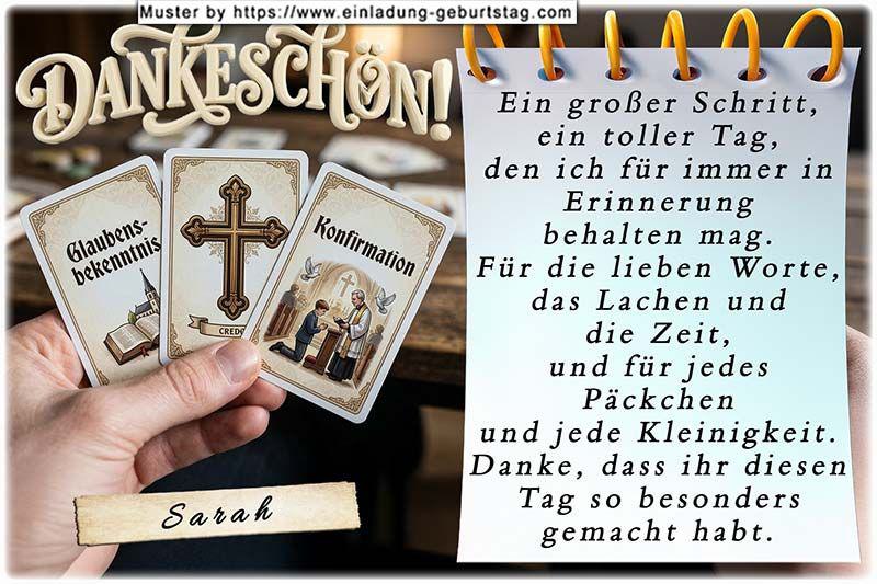 Die Danksagungskarte zur Konfirmation mit 3 Spielkarten in einer Hand - Glaubensbekenntnis, ein Kreuz und die Karte mit der Aufschrift Konfirmation. 