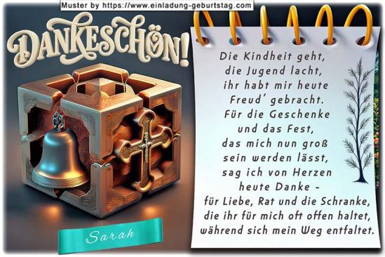 Die Danksagungskarte zur Konfirmation mit dem Holzwürfel, auf dessen 2 sichtbaren Seiten sich eine Glocke und ein Kreuz befinden.