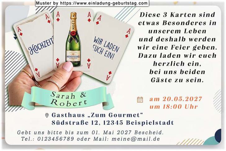 Die lustige Einladung zur Hochzeit mit den 3 Hochzeitskarten in einer Hand.