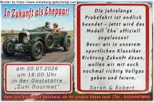 lustige Hochzeitseinladung mit witzigem änderbaren Text mit dem originellen Oldtimer
