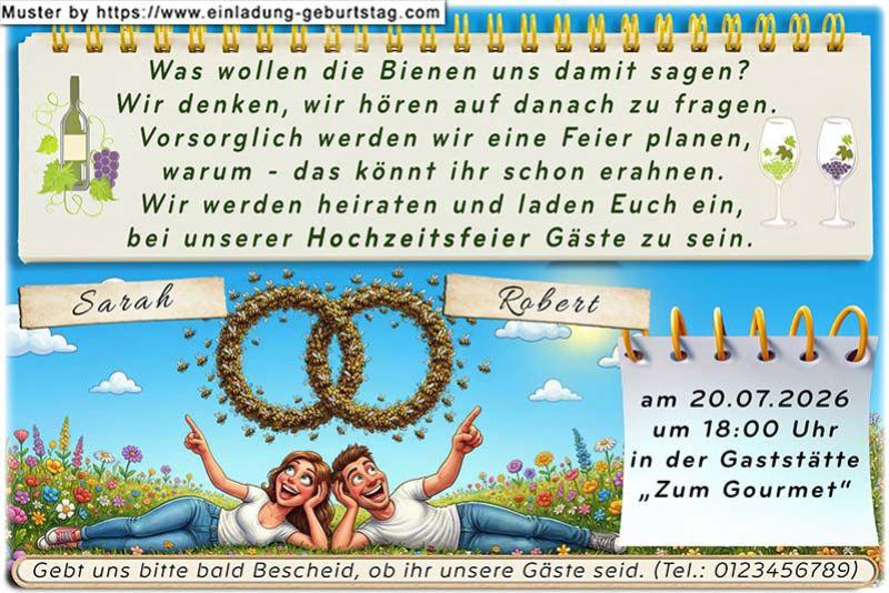 lustige Hochzeitseinladung mit witzigem änderbaren Text mit den Bienen