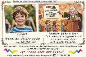 Die Einladung zur Einschulung mit dem Foto des Kindes. Ein lustiger Richter verkündet sein Urteil: Einschulung und fleißiges lernen.