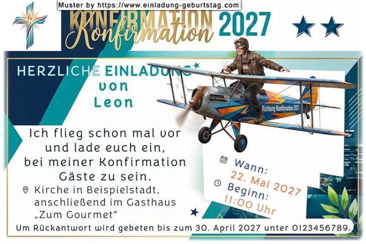 Die lustige Einladung zur Konfirmation mit dir auf einem Propellerflugzeug sitzend