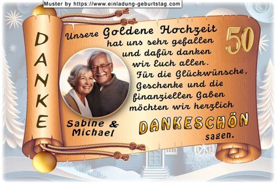 Die Danksagung zur Goldenen Hochzeit - Ihr Foto wird rund ausgeschnitten, mit einer Kontur versehen und in eine originelle Schriftrolle mit leicht geschwungenem Text eingesetzt.