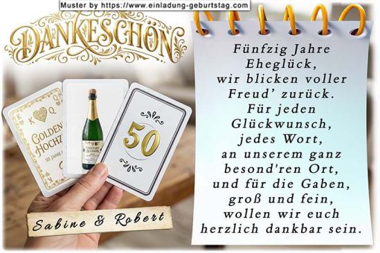 Die Danksagung zur Goldenen Hochzeit - Eine Hand hält 3 Spielkarten, die sich auf Ihre Goldene Hochzeit beziehen. In eine Karte wird Ihre Jubiläumszahl eingesetzt.