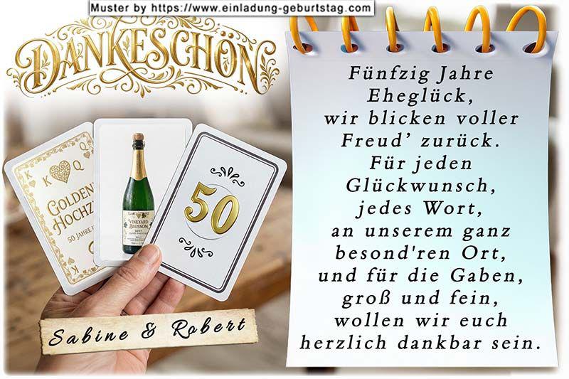 Die Danksagung zur Goldenen Hochzeit - Eine Hand hält 3 Spielkarten, die sich auf Ihre Goldene Hochzeit beziehen. In eine Karte wird Ihre Jubiläumszahl eingesetzt.