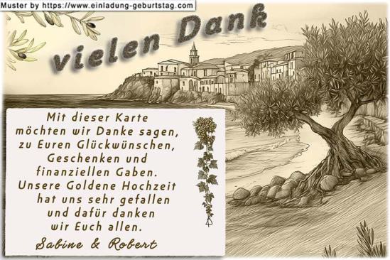Die Danksagung zur Goldenen Hochzeit - Ein mediterranes Landschaftsbild mit einem kleinen Ort am Meer und Olivenbäumen im Vordergrund im Sepia Look.