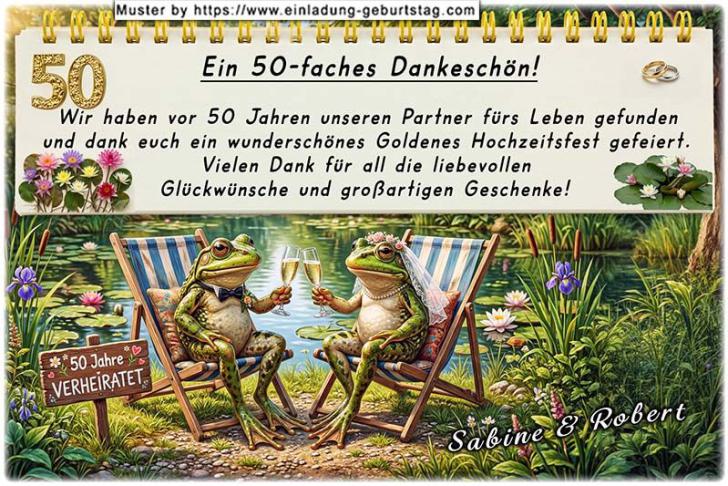 Die Danksagung zur Goldenen Hochzeit mit dem lustigen Froschpaar, das im Liegestuhl am Gartenteich liegt und mit Sektgläsern anstößt.