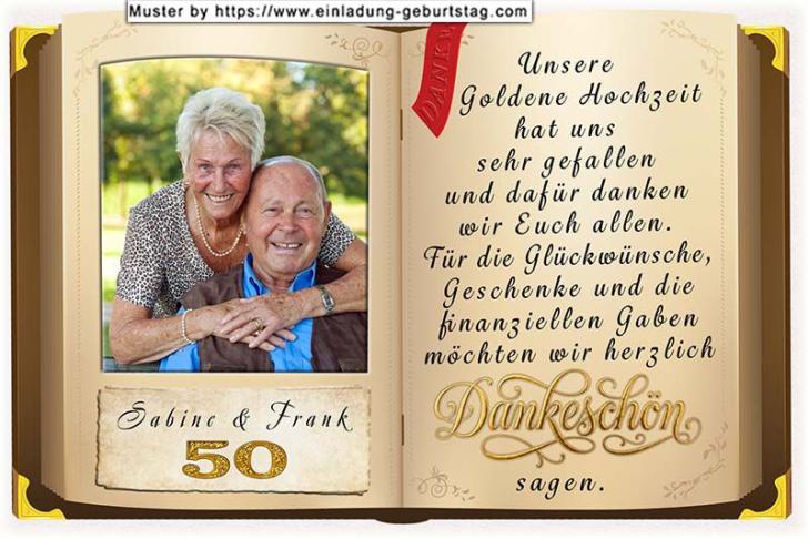Die Danksagungskarte zur Goldenen Hochzeit mit Ihrem Foto als Seite eines Buches.