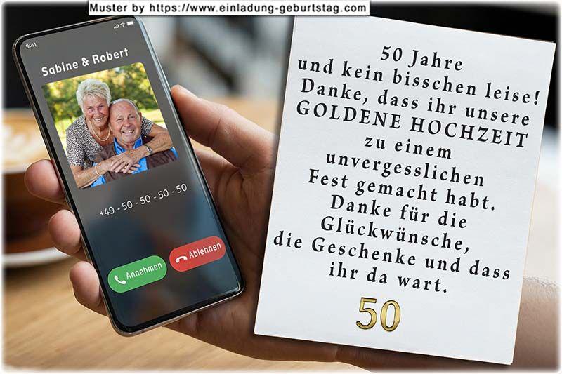 Die Danksagung zur Goldenen Hochzeit - Ihr Foto wird in das Handydisplay eingesetzt. Über dem Foto befinden sich Ihre Namen.
