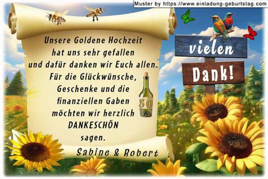Die Danksagung zur Goldenen Hochzeit - ein rustikaler Holzwegweiser in einem Sonnenblumenfeld, auf dem 'Vielen Dank' steht.