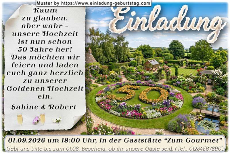 Die Einladung zur Goldenen Hochzeit mit dem Blumengarten und der Zahl 50