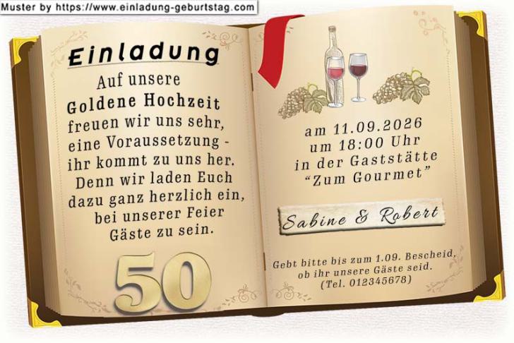 Die Einladung zur Goldenen Hochzeit mit dem goldenen Hochzeitsbuch