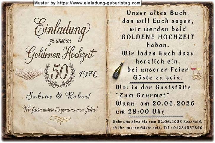 Die Einladung zur Goldenen Hochzeit mit Ihrem Text in einem alten Buch