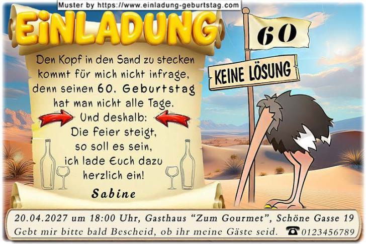 Die lustige Einladung zum Geburtstag - ein Vogel Strauß steckt auf dieser Karte seinen Kopf in den Sand. Sie Für Sie ist das keine Lösung - Sie feiern!