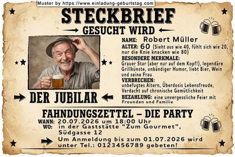Die lustige Einladung zum Geburtstag - ein Steckbrief mit Ihrem Foto und Ihren Angaben als Einladung zum Geburtstag! Ihr Verbrechen: unbefugtes Altern.