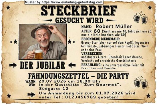 Die lustige Einladung zum Geburtstag - ein Steckbrief mit Ihrem Foto und Ihren Angaben als Einladung zum Geburtstag! Ihr Verbrechen: unbefugtes Altern.