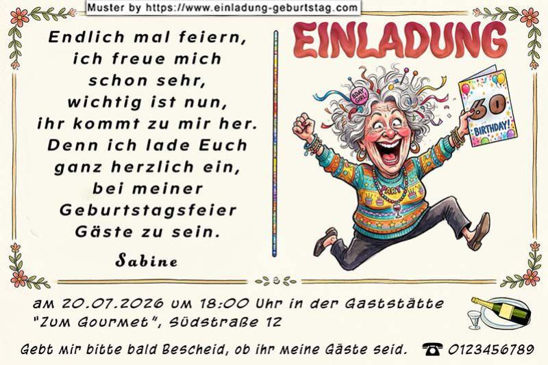 Die lustige Einladung zum Geburtstag – eine vor Freude tanzende Frau voller Vorfreude auf Ihre Geburtstagsfeier. Auf einem Zettel in der Hand steht Ihr Alter.