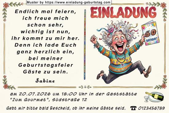 Die lustige Einladung zum Geburtstag – eine vor Freude tanzende Frau voller Vorfreude auf Ihre Geburtstagsfeier. Auf einem Zettel in der Hand steht Ihr Alter.
