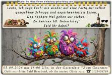 Die lustige Einladung zum Geburtstag mit den witzigen Vögeln nebeneinander sitzend. Die letzte Party war nicht so toll, aber die nächste wird super.