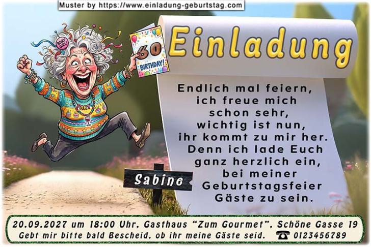 Die lustige Einladung zum Geburtstag – eine nachdenkliche Frau sitzt auf der Bettkante und denkt über ihr Alter nach. Ein Pfeil an einem Bandmaß zeigt es an.