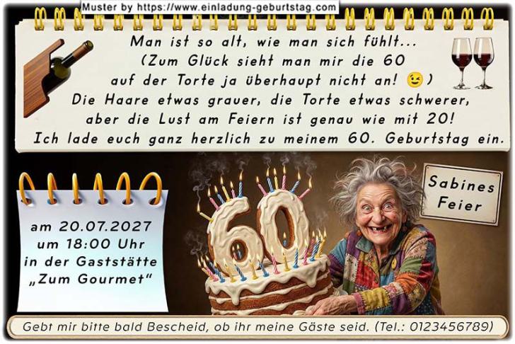 Die lustige Einladung zum Geburtstag mit der Frau, die eine Torte mit Ihrem Alter darauf in der Hand hält.