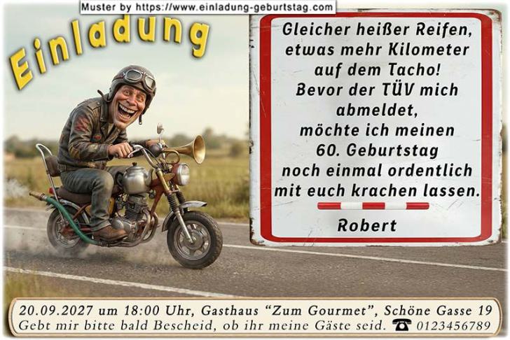 Die lustige Einladung zum Geburtstag mit dem Mann auf einem originellen Motorrad