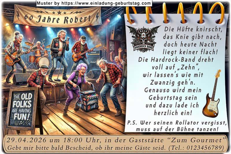 Die lustige Einladung zum Geburtstag - die Hüfte knirscht, das Knie gibt nach, doch heute Nacht liegt keiner flach! Etwas ältere Leutchen rocken vor einer Bühne ab.