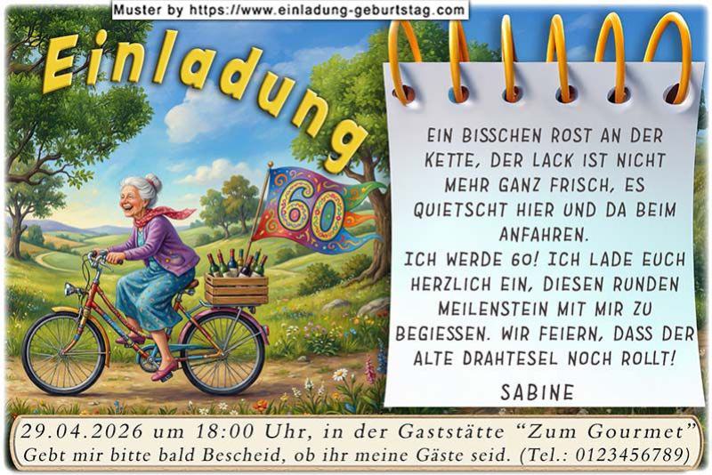 Die lustige Einladung zum Geburtstag - eine Frau fährt auf einem Fahrrad durch den Park und hat sichtlich Spaß dabei. Darauf befindet sich ein Fähnchen mit Ihrem Alter.