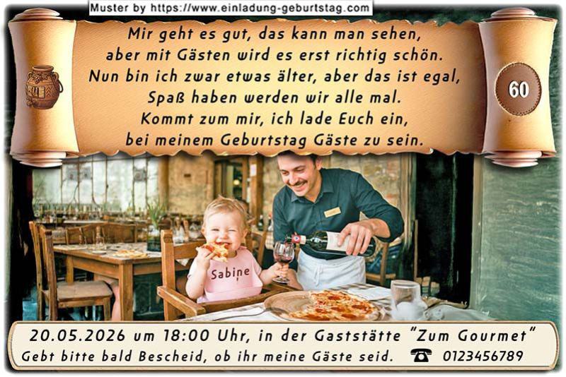 Die lustige Einladung zum Geburtstag - ein Baby sitzt am Tisch und isst eine Pizza und trinkt ein Glas Rotwein. Jetzt sind Sie etwas älter...