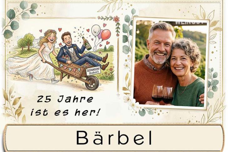 Tischkarte Silberhochzeit - Ihr Foto und der Name Ihres Gastes neben lustigem Bild