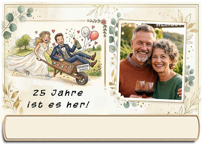 Tischkarte Silberhochzeit - Ihr Foto und Textfeld für den Namen Ihres Gastes neben lustigem Bild