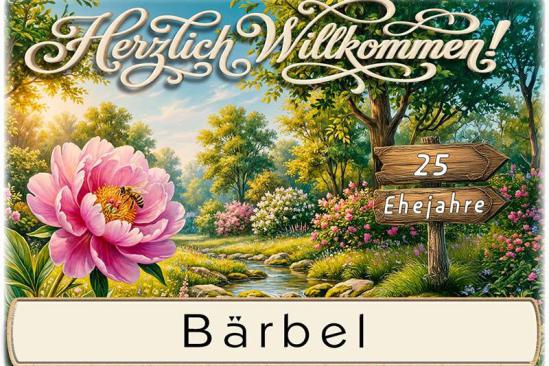 Tischkarte Silberhochzeit - die Biene in einer Blüte un der Name des Gastes