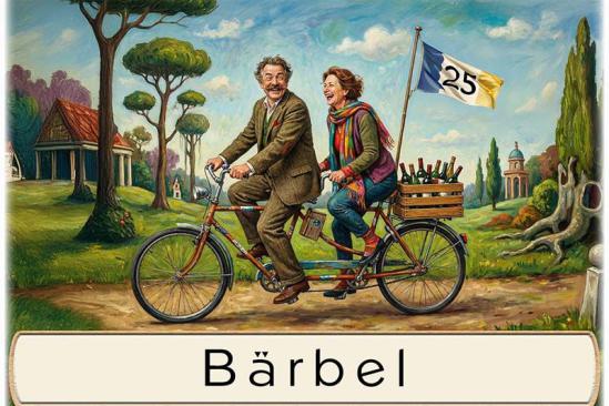 Tischkarte Silberhochzeit - das Paar auf dem Tandem mit dem Namen des Gastes