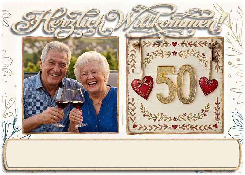 Die Tischkarte zur Goldenen Hochzeit als kleine Klappkarte mit Ihrem Foto und einem Textfeld für den Namen Ihres Gastes